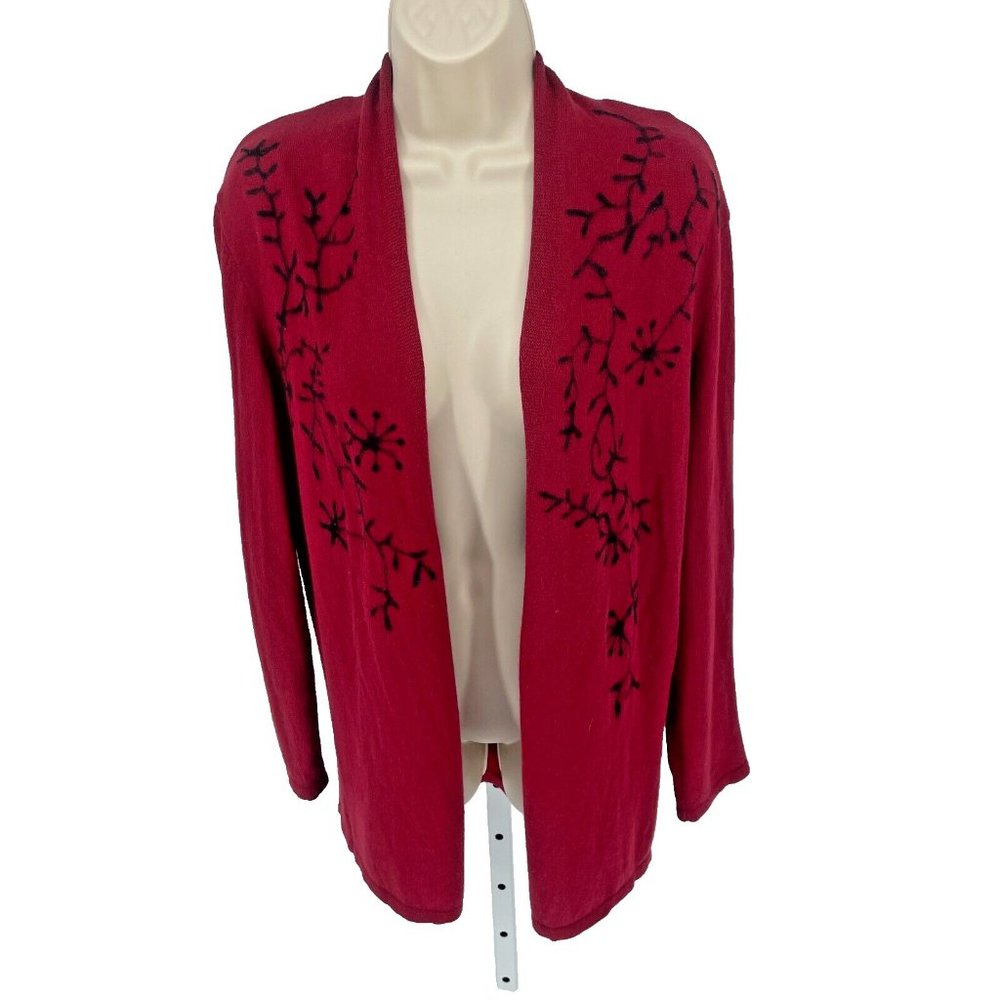 J. Jill Red Floral Branch Print Long Cardigan Holiday Cashmere Small
